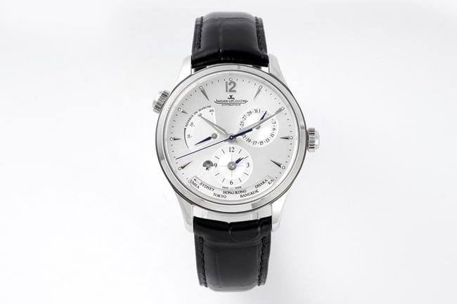 ZF Factorytop-tier replicaJaeger-LeCoultre1:1 watch men's white dial black belt mechanical leather strap Geographer Q1428421 series watch front view