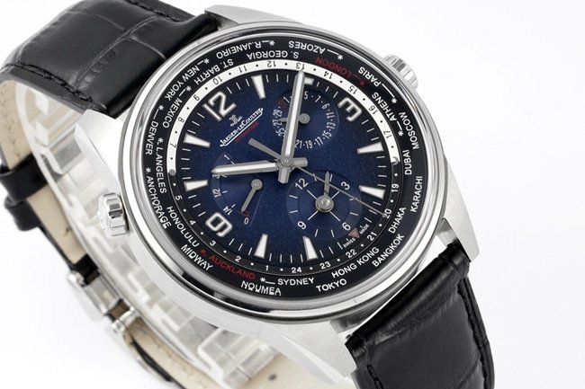ZF FactoryJaeger-LeCoultretop-tier replica watch men's blue dial black belt Geographer Q1428421 series disc mechanical leather strap watch front view
