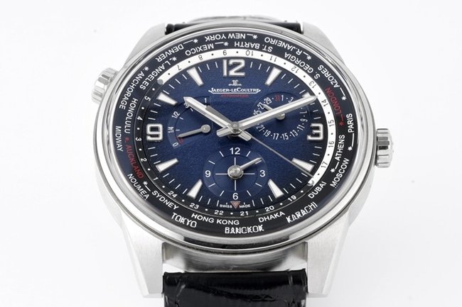 ZF FactoryJaeger-LeCoultretop-tier replica watch men's blue dial black belt Geographer Q1428421 series disc mechanical leather strap watch detail shots