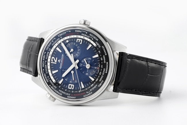 ZF FactoryJaeger-LeCoultretop-tier replica watch men's blue dial black belt Geographer Q1428421 series disc mechanical leather strap watch front view