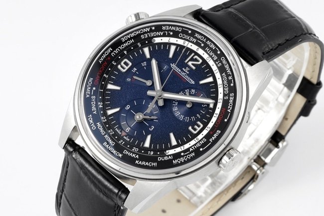 ZF FactoryJaeger-LeCoultretop-tier replica watch men's blue dial black belt Geographer Q1428421 series disc mechanical leather strap watch front view