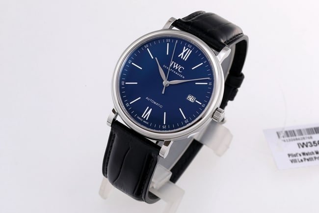 V7 factory top-tier replicaIWC high-quality replica watch men's blue dial black belt wave Fino series automatic movementleather strap watch front view