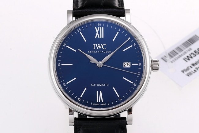V7 factory top-tier replicaIWC high-quality replica watch men's blue dial black belt wave Fino series automatic movementleather strap watch front view