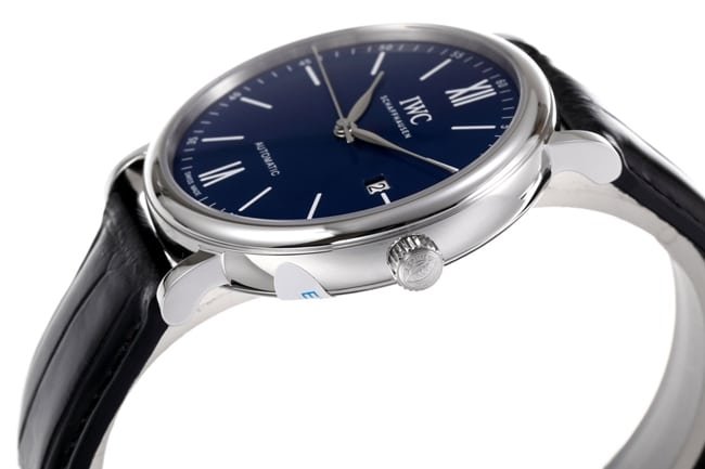 V7 factory top-tier replicaIWC high-quality replica watch men's blue dial black belt wave Fino series automatic movementleather strap watch side view