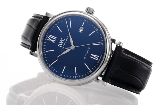 V7 factory top-tier replicaIWC high-quality replica watch men's blue dial black belt wave Fino series automatic movementleather strap watch front view