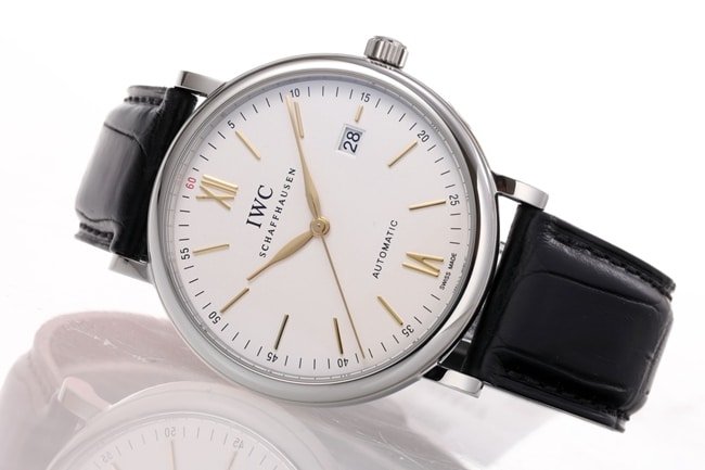 V7 factory IWC top-tier replicahigh-quality replica watch men's white dial black belt wave Fino series disc automatic movementleather strap watch front view