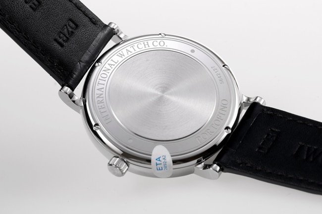 V7 factory IWC top-tier replicahigh-quality replica watch men's white dial black belt wave Fino series disc automatic movementleather strap watch back cover picture