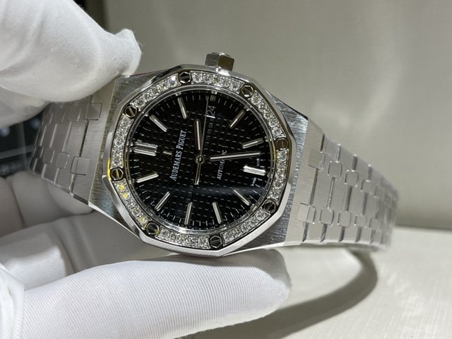 Top Audemars Piguet super clone watches for men black plate steel mechanical watch front view