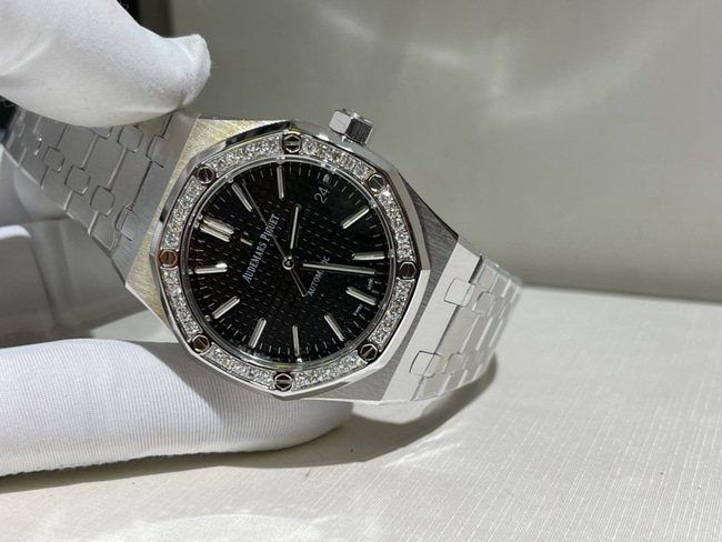Top Audemars Piguet super clone watches for men black plate steel mechanical watch front view