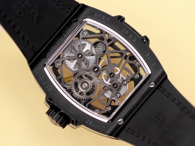 Hublot top-tier replica watch men's black dialrubber strap manual winding tourbillon mechanical MASTERPIECE series watch movement picture