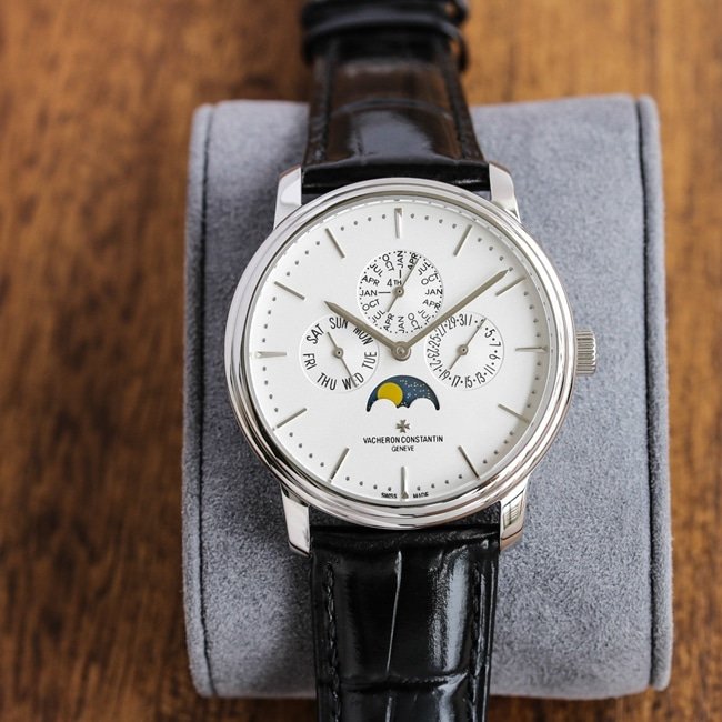 TW factory top-tier replica Vacheron Constantinreplica watch men's white dial black belt mechanical leather strap heritage series perpetual calendar multi-function watch front view