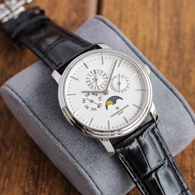 TW factory top-tier replica Vacheron Constantinreplica watch men's white dial black belt mechanical leather strap heritage series perpetual calendar multi-function watch front view