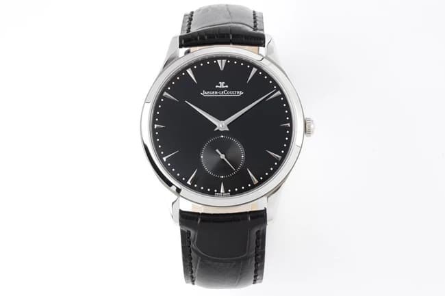ZF FactoryJaeger-LeCoultretop-tier replica watch men's black dial black belt small seconds leather strap ultra-thin master series mechanical watch front view