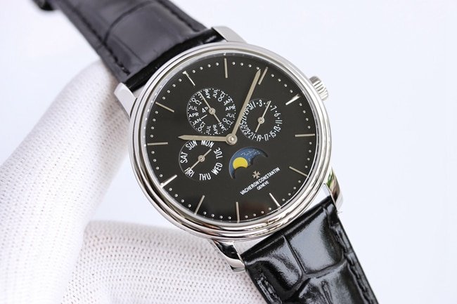 top-tier replica watch Vacheron Constantin men's white dial black belt perpetual calendar multi-function heritage series mechanical watch front view