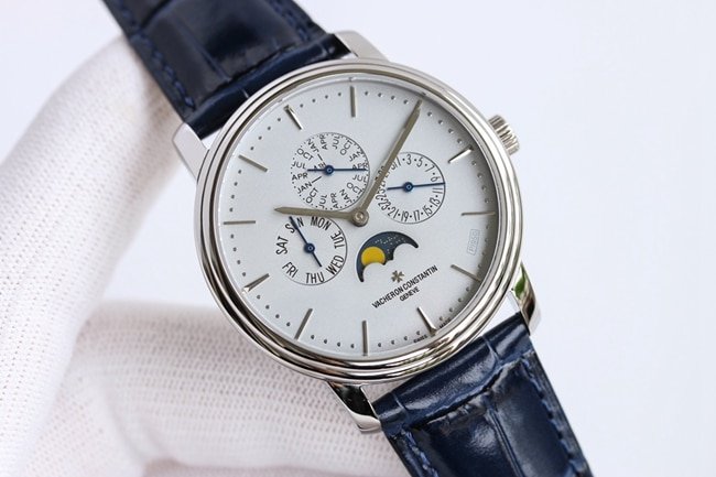 top-tier replica watch Vacheron Constantin men's white dial blue belt heritage series leather strap automatic movement watch front view