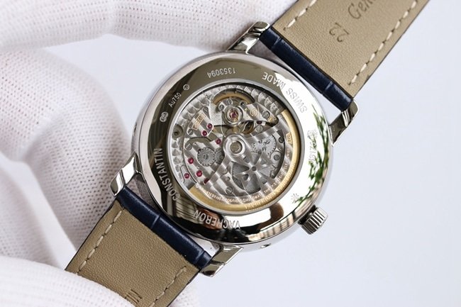 top-tier replica watch Vacheron Constantin men's white dial blue belt heritage series leather strap automatic movement watch movement picture
