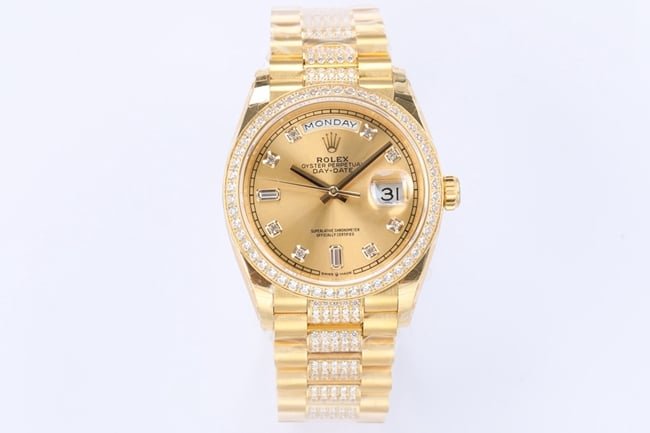 EWtop-tier replica watch Rolex men's gold plate gold band automatic movementday displayDatejust watch front view