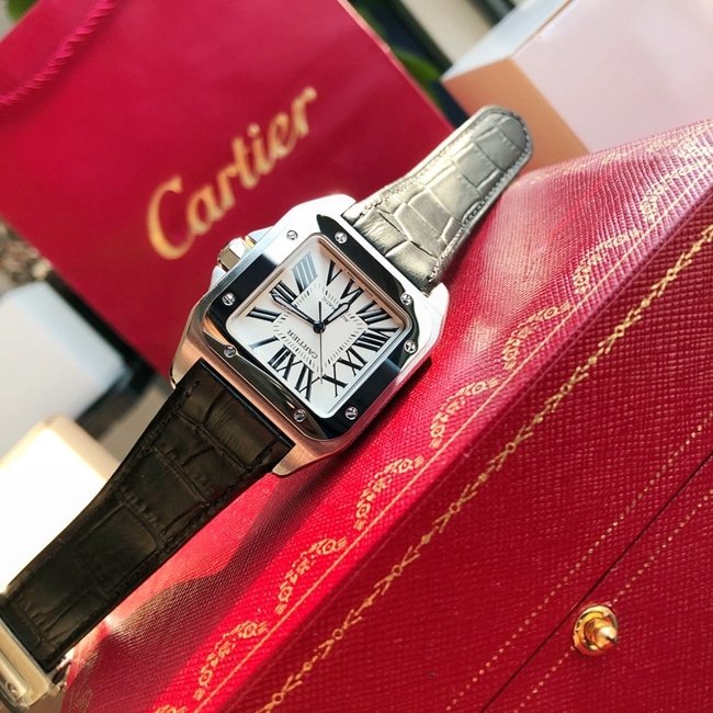 top-tier replica watch Cartier men's white dial black belt automatic movementleather strap watch front view