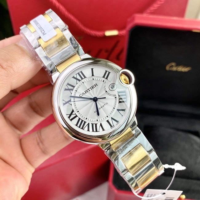 Original watch Cartier men's white dial gold band 42mm automatic movement blue balloon series watch front view