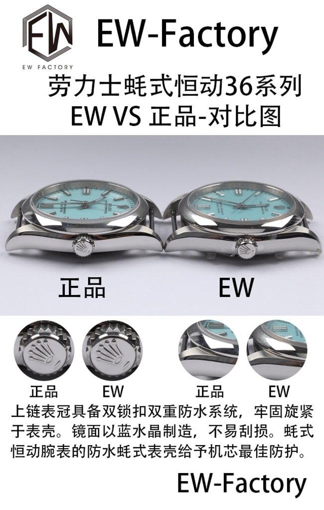 EWRolex Oyster Perpetual 36 series replica watch genuine and fake comparison review side detail shots