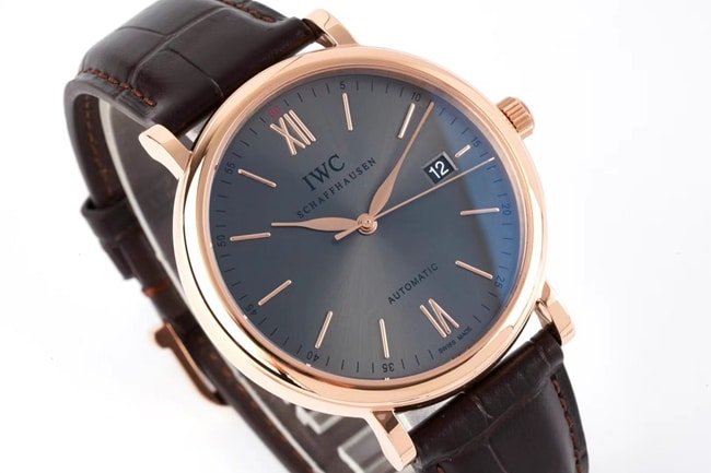 ZF Factorytop-tier replica watch IWC black dial brown belt Portofino series leather strap automatic movement watch front view
