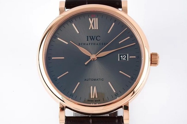ZF Factorytop-tier replica watch IWC black dial brown belt Portofino series leather strap automatic movement watch front view