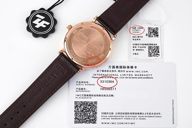 ZF Factorytop-tier replica watch IWC black dial brown belt Portofino series leather strap automatic movement watch back cover picture