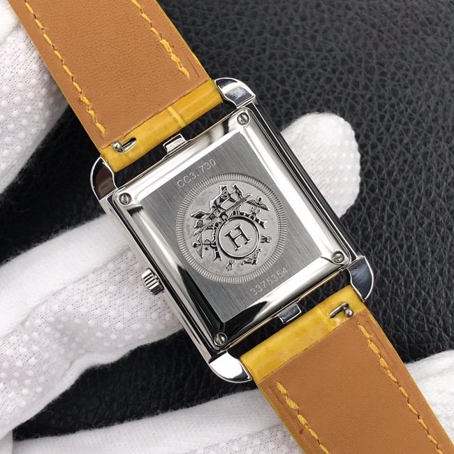 YFtop-tier replica watch Hermès white dial yellow belt quartzleather strap women's watch back cover picture