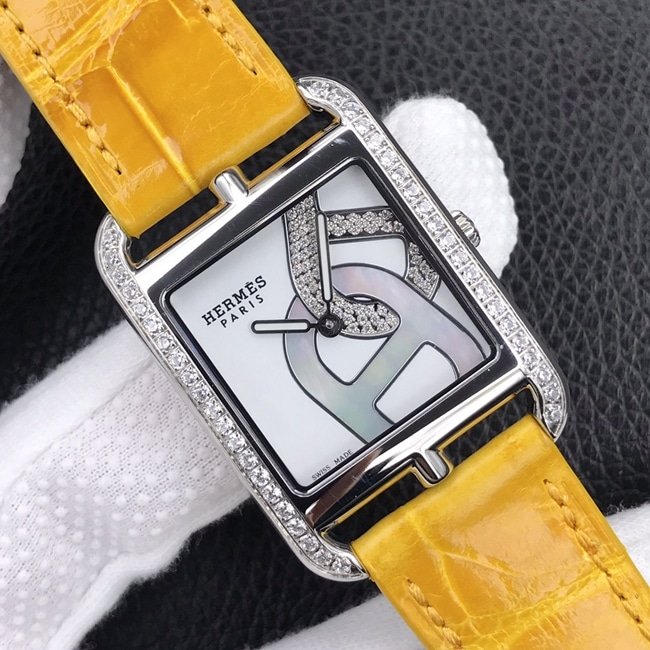 YFtop-tier replica watch Hermès white dial yellow belt quartzleather strap women's watch front view