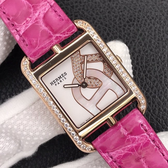 YF factory top-tier replica watch Hermès women's white dial pink belt quartzleather strap watch front view
