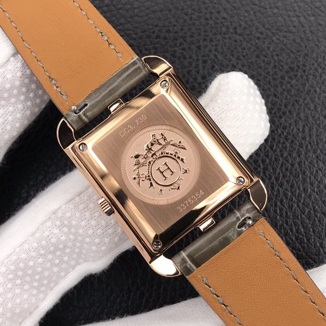 YF Factory Top Replica Watches Hermes Women's White Plate Brown Strap Square Steel Belt Quartz Wristwatch Back Cover Figure