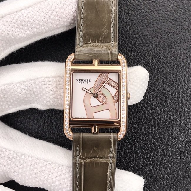 YF factory top replica watches Hermes women's white disk brown belt square steel belt quartz watch front view