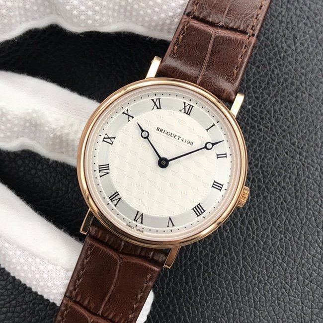 top-tier replica watch Breguet classic series mechanical leather strap men's white dial brown belt watch front view