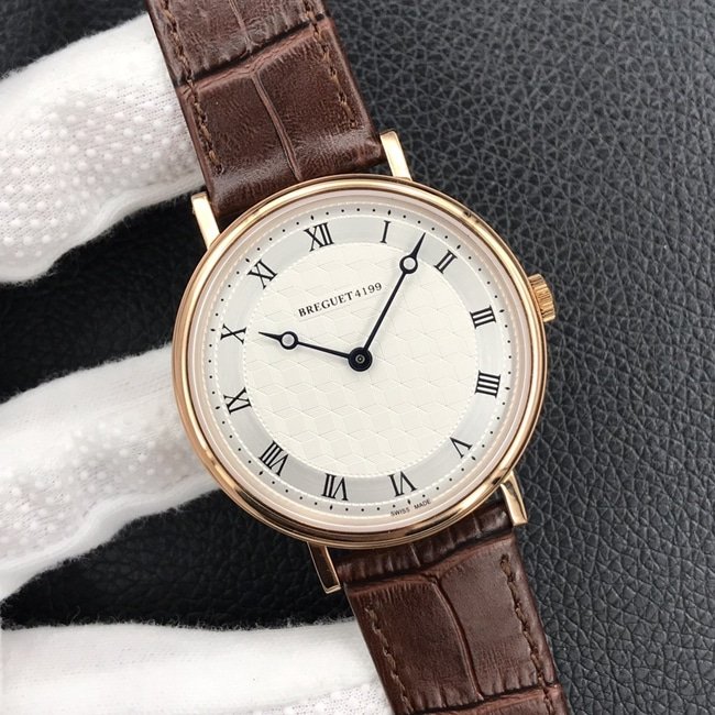 top-tier replica watch Breguet classic series mechanical leather strap men's white dial brown belt watch front view