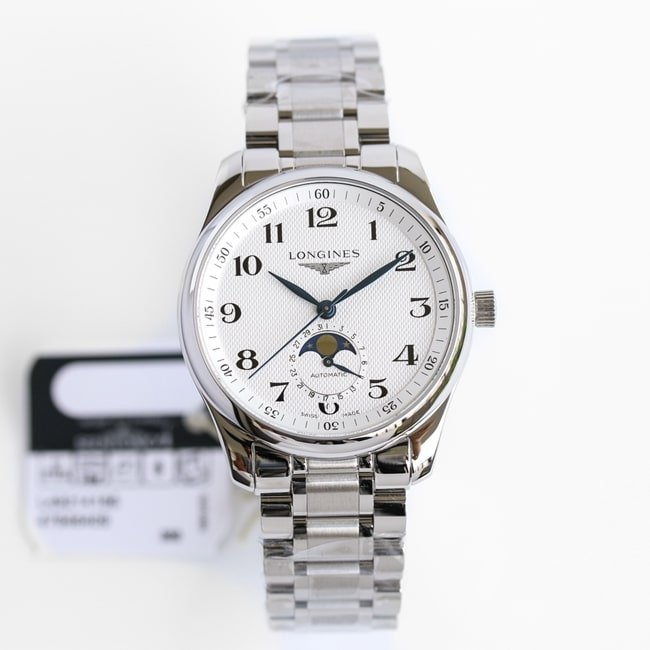 GF Factory Top Replica Watches Longines Men's White Plate Steel Strap Masterpiece Series Moon Phase 42mm Mechanical Watch Front View