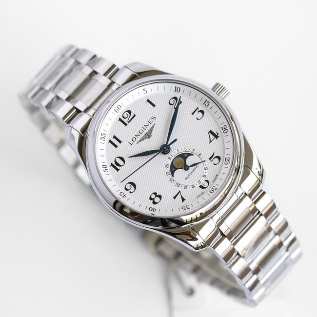 GF Factory Top Replica Watches Longines Men's White Plate Steel Strap Masterpiece Series Moon Phase 42mm Mechanical Watch Front View