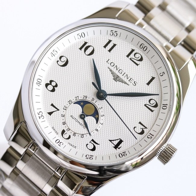 GF Factory Top Replica Watches Longines Men's White Plate Steel Strap Masterpiece Series Moon Phase 42mm Mechanical Watch Front View