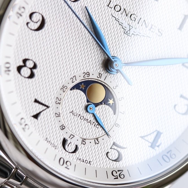 GF Factory Top Replica Watches Longines Men's White Plate Steel Strap Masterpiece Series Moon Phase 42mm Mechanical Watch Details