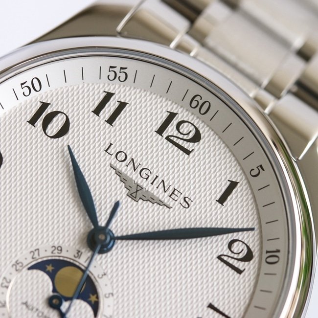 GF Factory Top Replica Watches Longines Men's White Plate Steel Strap Masterpiece Series Moon Phase 42mm Mechanical Watch Details