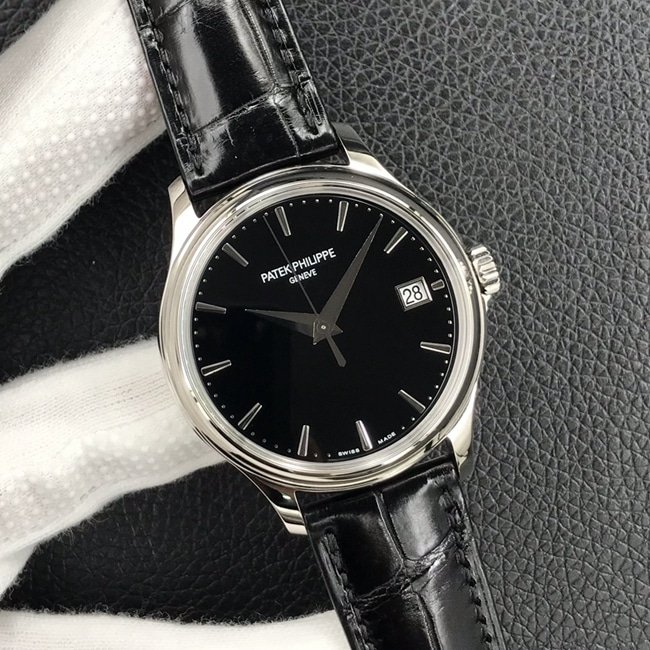 3k factory top-tier replica watch Patek Philippe men's black dial black belt automatic movementleather strap watch front view