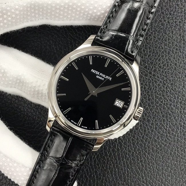 3k factory top-tier replica watch Patek Philippe men's black dial black belt automatic movementleather strap watch front view