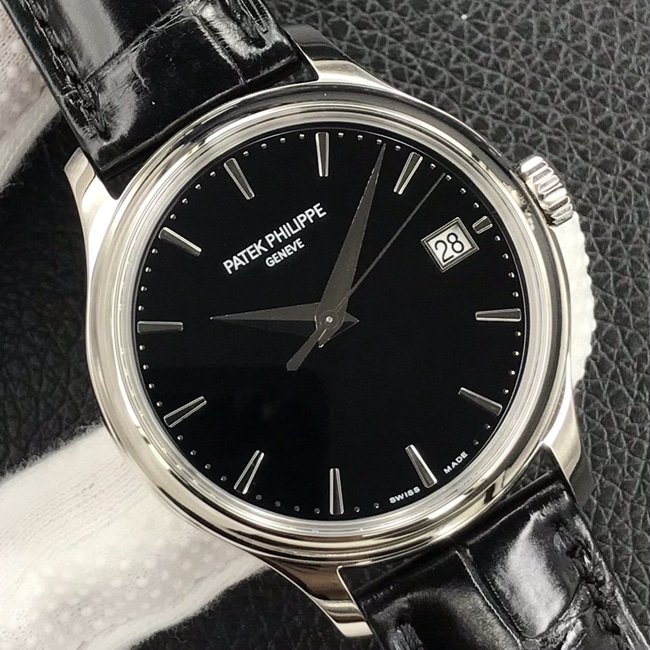 3k factory top-tier replica watch Patek Philippe men's black dial black belt automatic movementleather strap watch front view