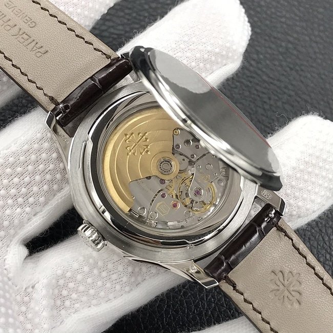 3k factory top-tier replica watch Patek Philippe yellow plate brown belt automatic movement men's leather strap watch movement picture