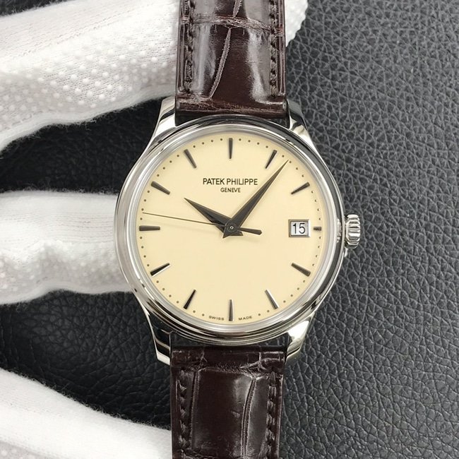 3k factory top-tier replica watch Patek Philippe yellow plate brown belt automatic movement men's leather strap watch front view