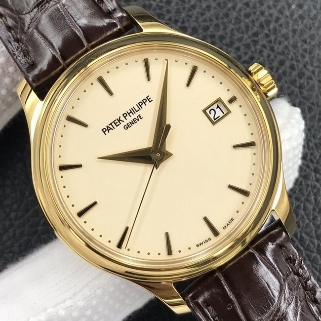 3k factory top-tier replica watch Patek Philippe men's yellow plate brown belt automatic movement retro watch front view