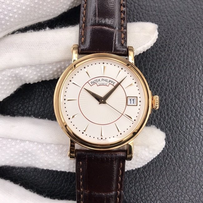 ZF Factorytop-tier replica watch Patek Philippe men's white dial brown belt classic 5153 series leather strap watch front view