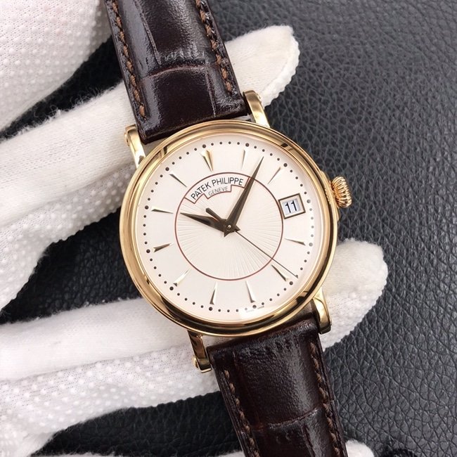 ZF Factorytop-tier replica watch Patek Philippe men's white dial brown belt classic 5153 series leather strap watch front view