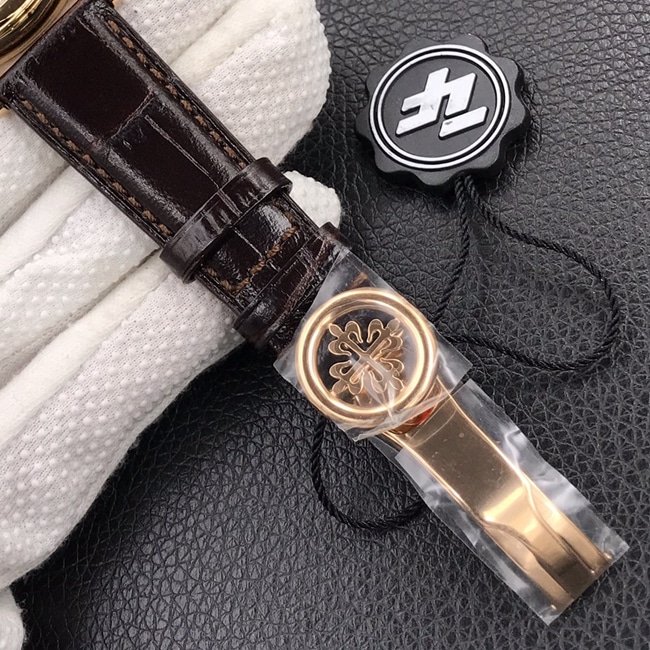 ZF Factorytop-tier replica watch Patek Philippe men's white dial brown belt classic 5153 series leather strap watch clasp picture