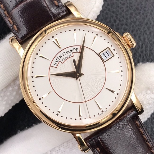 ZF Factorytop-tier replica watch Patek Philippe men's white dial brown belt classic 5153 series leather strap watch front view