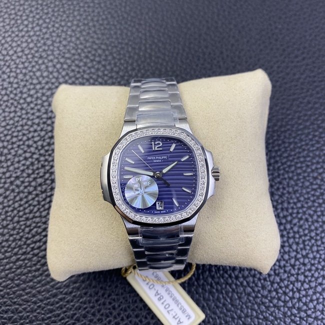 Patek Philippe PF Factory Patek Philippe 7018/1A-010 Women's Nautilus Sport Elegance Super Clone Watch with Blue Mother-of-Pearl Dial, Diamond Bezel and Steel Strap — luxury replica watch guide | Watch Replica Expert